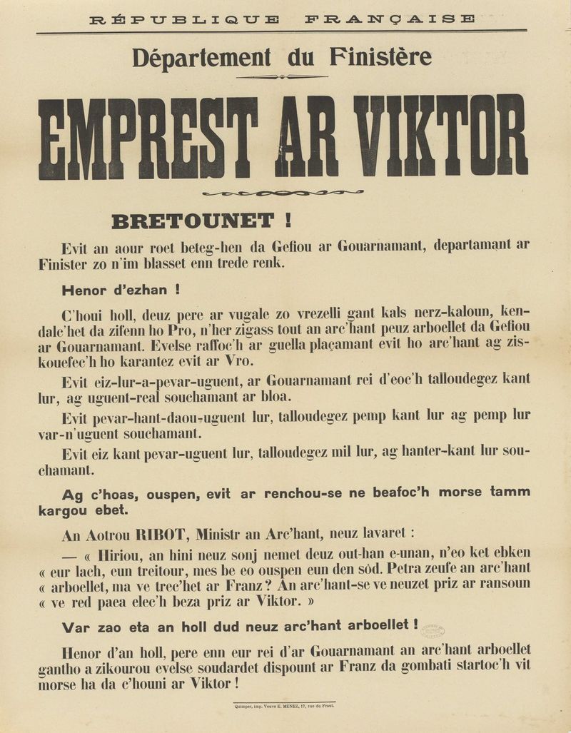 « Emprest ar Vikor ». Mat-awalc’h e oa ar brezhoneg evit rastellat arc’hant ar brezel. Dielloù departamant Penn-ar-Bed