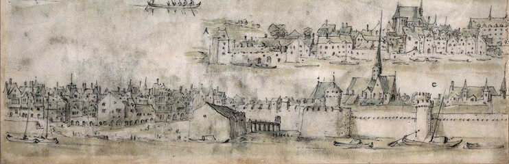 La ville de Nantes vers 1630. Dessin anonyme, à la plume et à la gouache, où figure la grève naturelle de la Fosse sur laquelle les bateaux venaient s'échouer avant la construction des quais. Source : © Musée Dobrée - Grand Patrimoine de Loire-Atlantique. N° inventaire : 969.7.121