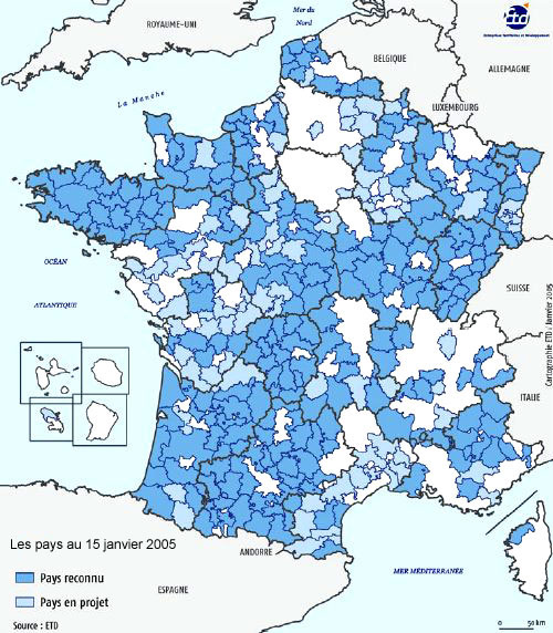 Les pays reconnus en 2005 (Pasqua + Voynet) - Source : Entreprises territoires développement (ETD)