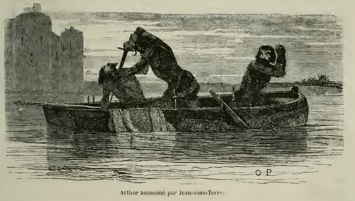 Assassinat d’Arthur Ier par Jean sans Terre sous le regard de Pierre de Maulac Gravure d’Olivier Penguilly, La Bretagne ancienne et moderne (1859), Pitre-Chevalier, p. 245