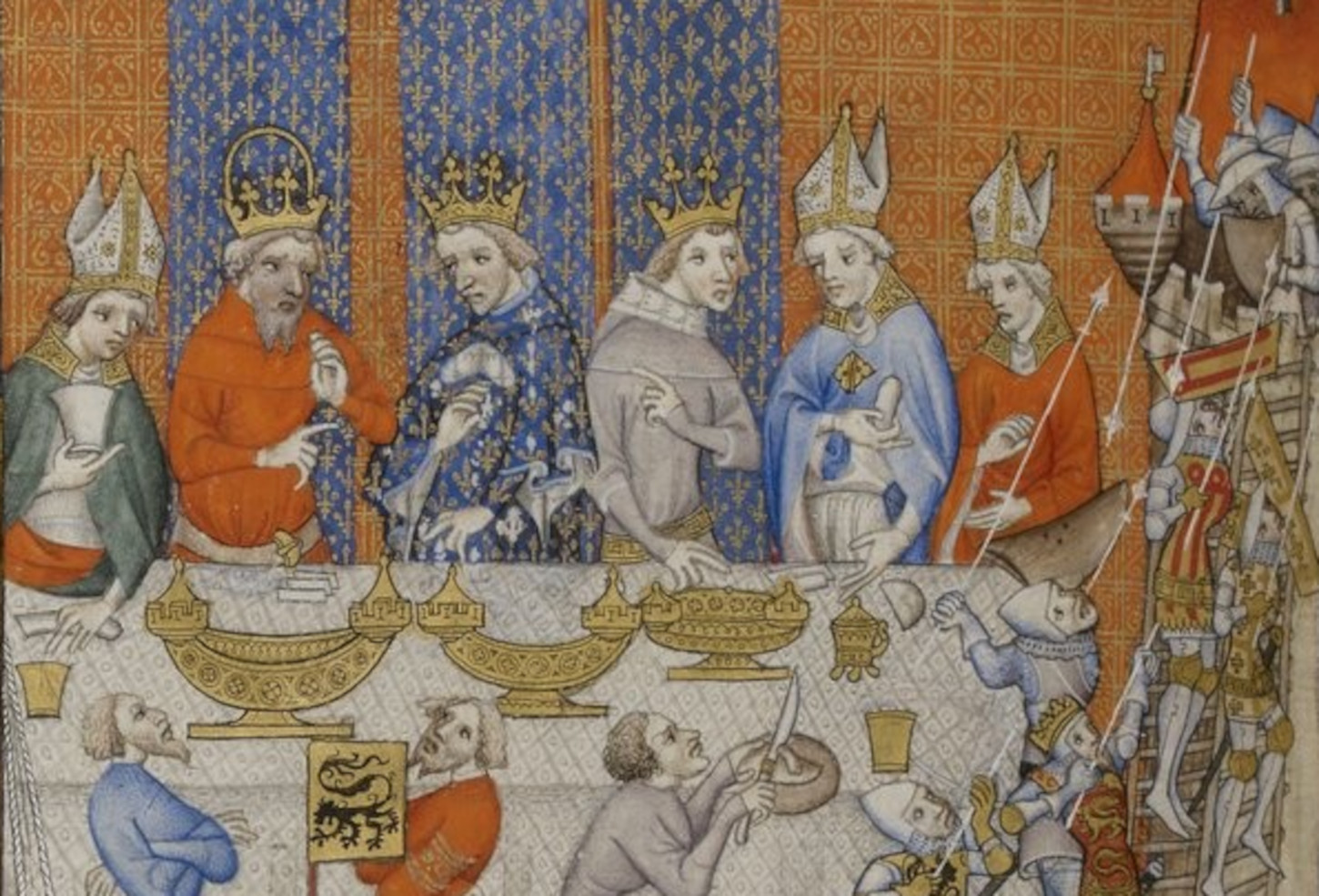 Banquet offert à Charles IV : le grand entremets (détail). Gallica / Bibliothèque nationale de France: Grandes Chroniques de France, 1375-1379. Département des Manuscrits, Français 2813, fol. 473v.