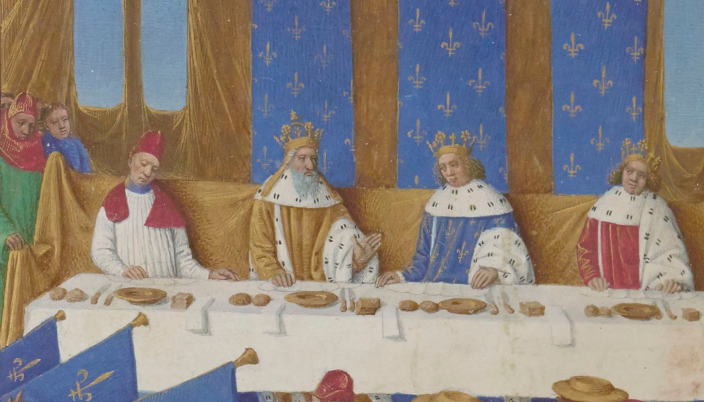 Banquet de Charles V le Sage (détail). Gallica / Bibliothèque nationale de France: Grandes Chroniques de France, enluminées par Jean Fouquet, Tours, vers 1455-1460, département des Manuscrits, Français 6465, fol. 444v.