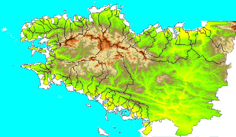 Représentation des 94 bassins versants principaux de plus de 2 000 hectares avec en couleur la représentation de l’altitude. Les bassins versants côtiers et les zones extérieures à la Bretagne sont représentés en blanc. (Aurousseau et al.) - ENSAR Rennes