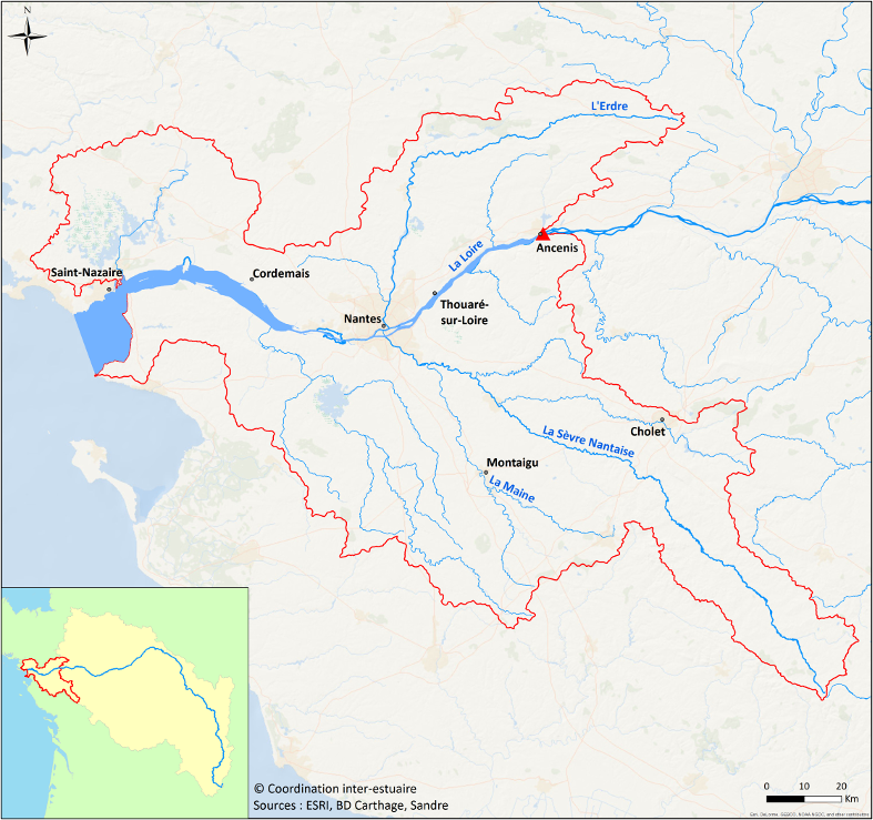 Le bassin de la Basse-Loire. Les rivières du nord de la Loire-Atlantique dépendent du bassin de la Vilaine. Source : Coordination Estuaire