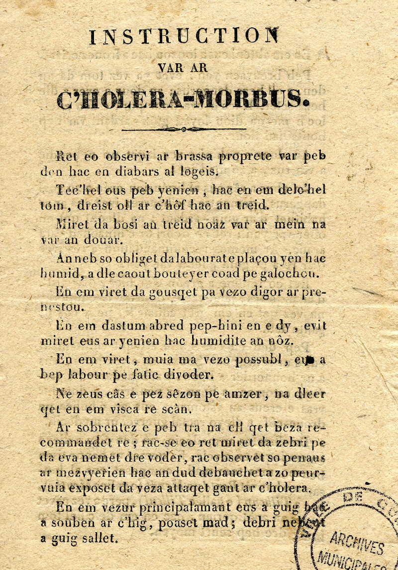  Kemennoù e brezhoneg diwar-benn ar c’holera – Dastumad Dielloù Kêr Gemper