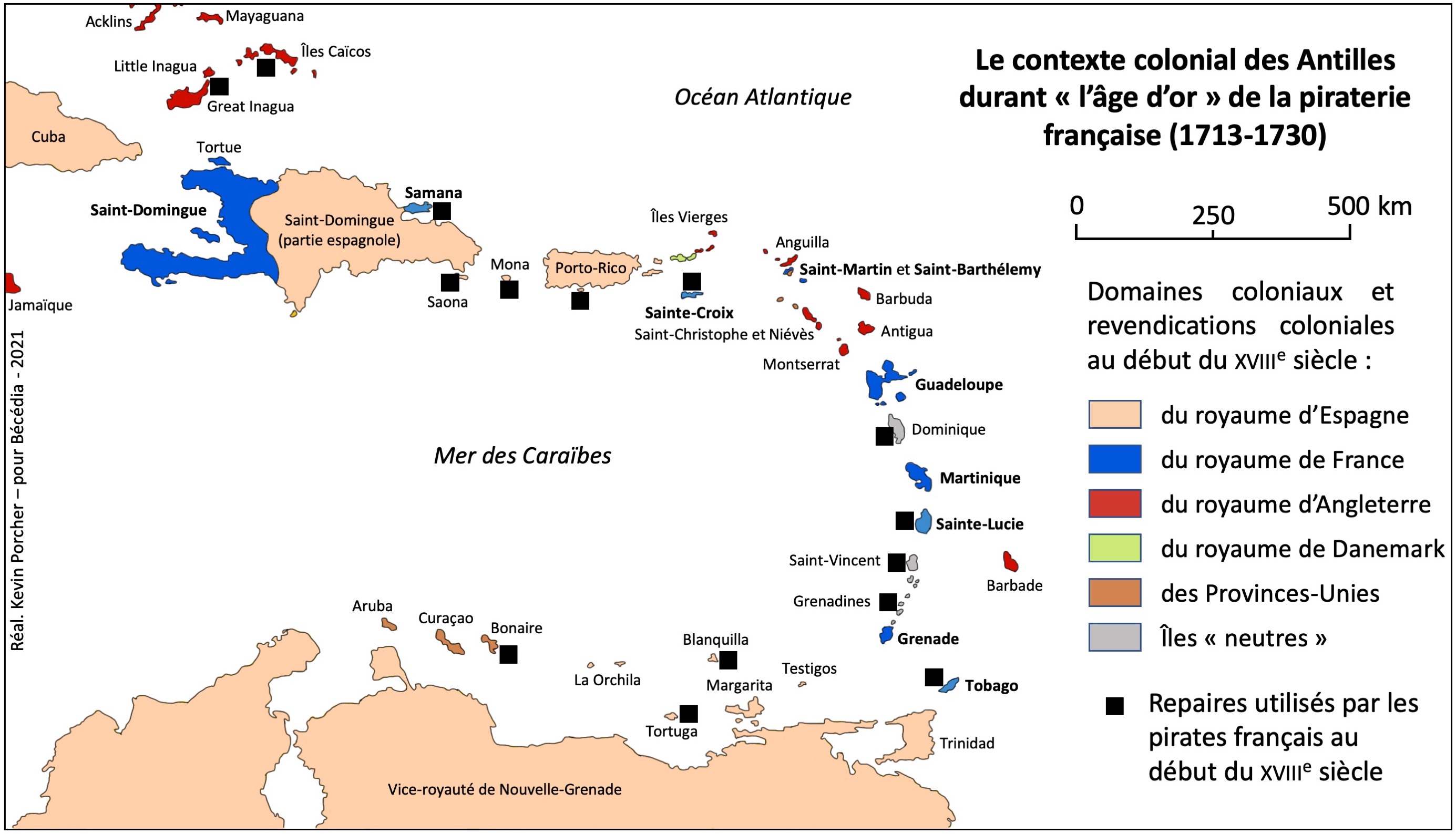 Le contexte colonial des Antilles durant "l'âge d'or" de la piraterie française (1713-1730). Carte: Kévin Porcher.