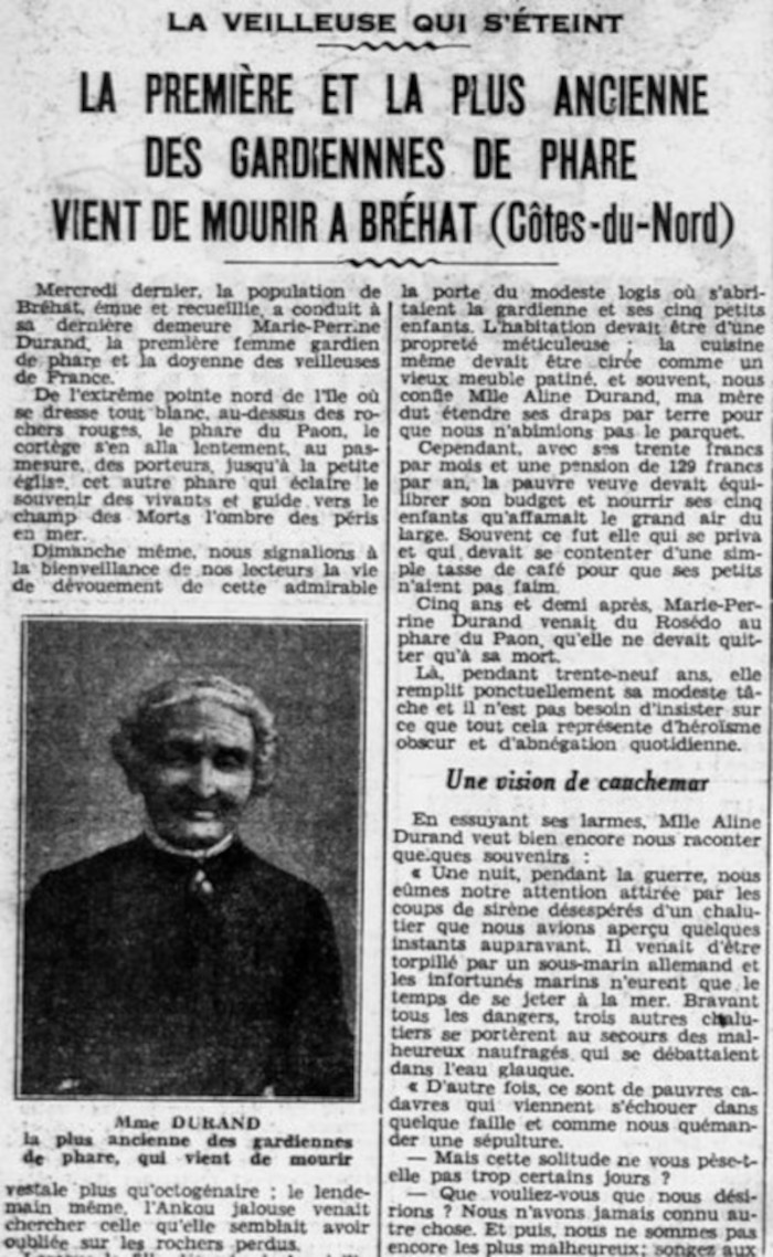 Article du journal Ouest Eclair annonçant le décès de Marie-Perrine Durand, publié le 21 janvier 1933. Source : Gallica.
