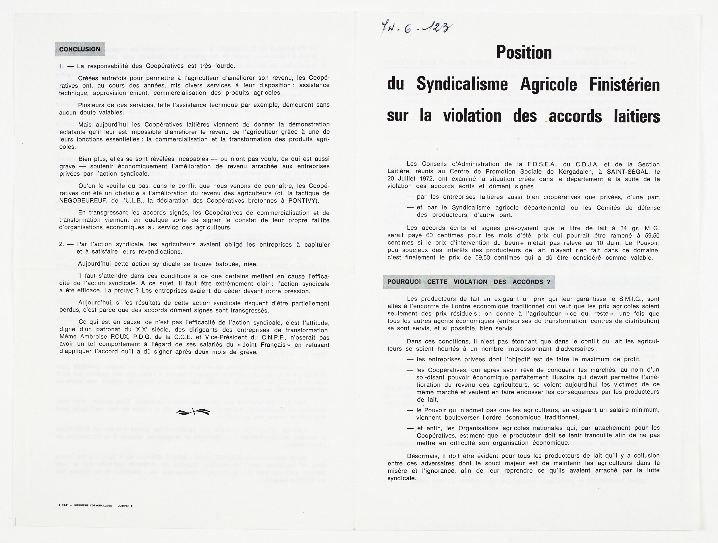 Trakt savet a-stroll gant an FDSEA, oc’h abegiñ ouzh emzalc’h kooperativoù laezh Penn-ar-Bed, e miz Gouere 1972. Mammenn : Dastumadegoù Mirdi Breizh. Nnn renabl : 974.0006.123