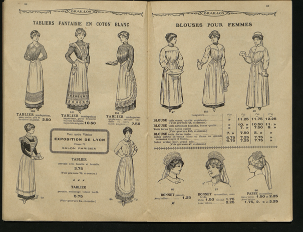 Extract from the Braillon workwear catalogue, Aux Halles Centrales, Paris. April 1914. Source: Bibliothèque Forney Paris. Inventory number: CC MODT 6 Plano pages 32-33.