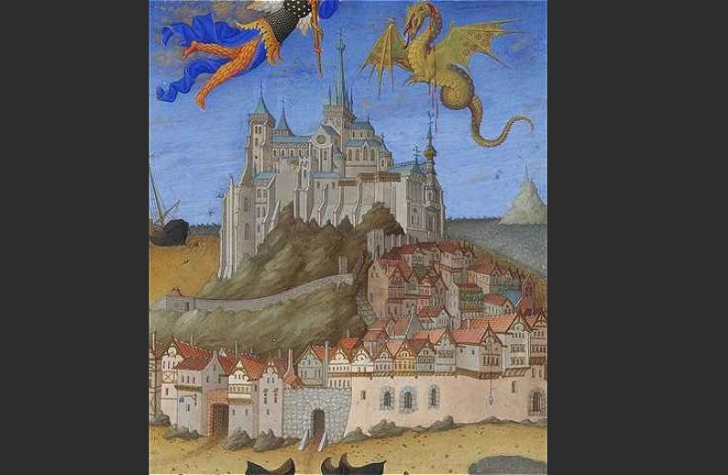 Saint Michel terrassant le dragon au-dessus du Mont-Saint-Michel, in Les Très Riches Heures du duc de Berry, musée Condé, château de Chantilly.