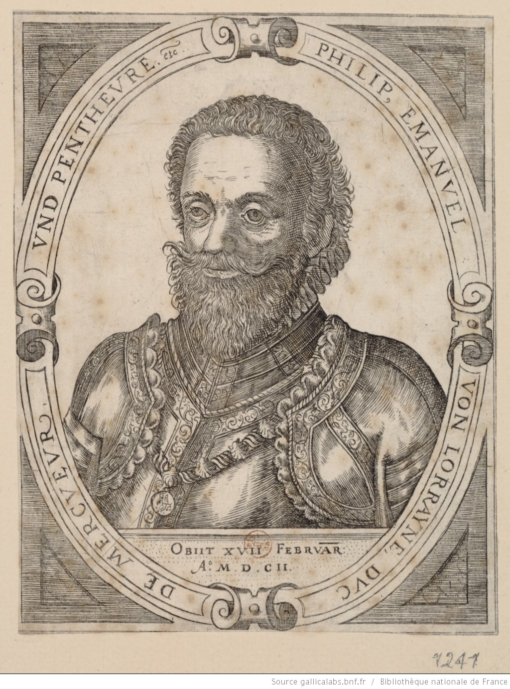 Portrait du duc de Mercoeur, en buste, de 3/4 dirigé à gauche, dans une bordure ovale sur laquelle on lit : Philip : [estampe]. Crédit : Bibliothèque nationale de France, département Estampes et photographie, RESERVE FOL-QB-201 (13)