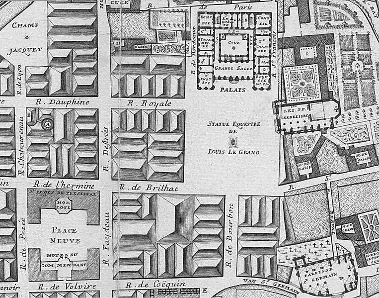 Map from 1726 of the Cordeliers Convent. The Cordeliers Convent (situated where the rue Victore Hugo can now be found) often received the Estates of Brittany in the 18th century, which were thus symbolically placed under the patronage of the great defender of Breton freedom, Bertrand d’Argentré who was buried in the chapel. Situated directly opposite of the Parliament, not far from the présidial (a court of justice during the Old Regime), but also (not visible in the illustration) the hotels of the commander-in-chief, the quartermaster and the Bishop, this capital of Breton politics was at the heart of the decision-making neighbourhood of Rennes.