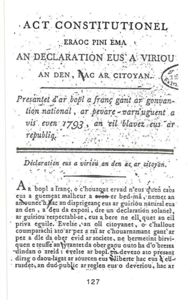 Declaration of the Rights of Man and of the Citizen in Breton – Andrea ar Merser 1789 hag ar brezoneg, Brest, Brud Nevez-Emgleo Breiz, 1990, t. II, p. 127-129