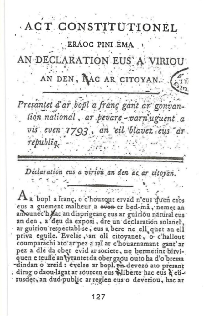 Diskleriadur Gwirioù Mad-den hag ar Sitoaian e Brezhoneg - Andreo ar Merser, 1789 hag ar brezoneg, Brest, Brud Nevez-Emgleo Breiz, 1990, levrenn. II, pajennoù. 127-129