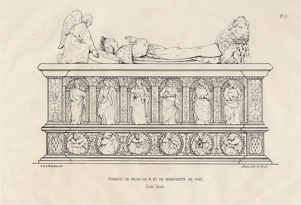 Gravure représentant le tombeau François II et de Marguerite de Foix, aujourd’hui dans la cathédrale - Crédit : Château des ducs de Bretagne – Musée d’histoire de Nantes