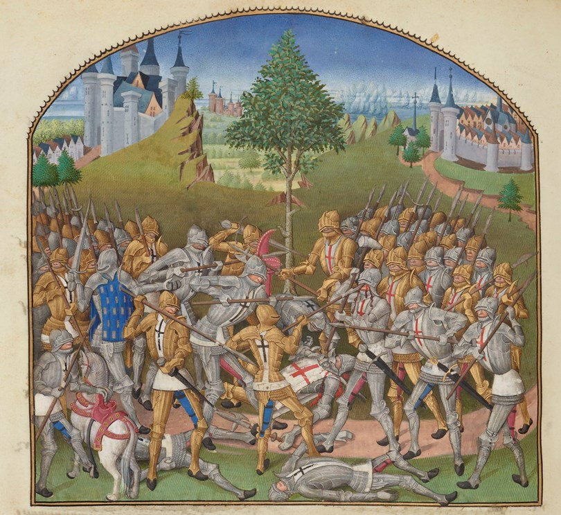  En arrière-plan les deux villes et au centre le chêne. A gauche les blésistes portent la croix noire bretonne et sont armés de lances, sauf Beaumanoir (en bleu) qui brandit une épée. La scène se passe au moment où Brandeburg (croix rouge anglaise) reçoit un coup de la lance de Keranrais au visage Crédit : Le combat des Trente, Paris, Bibliothèque nationale de France, manuscrit français 8266, Histoire de Bretagne de Pierre Le Baud, vers 1480, folio 240