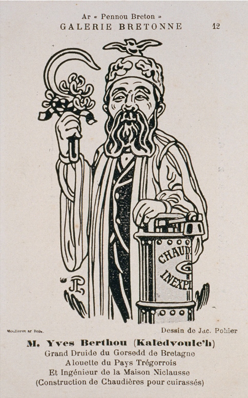 Jac Pohier (1871-1951), portrait-charge de Yves Berthou (Kaledvoulc’h). Carte postale de la série Galerie bretonne, publiée par le journal Ar Bobl. Carte postale. Centre de recherche bretonne et celtique-UBO-Brest, fonds Yves Berthou.