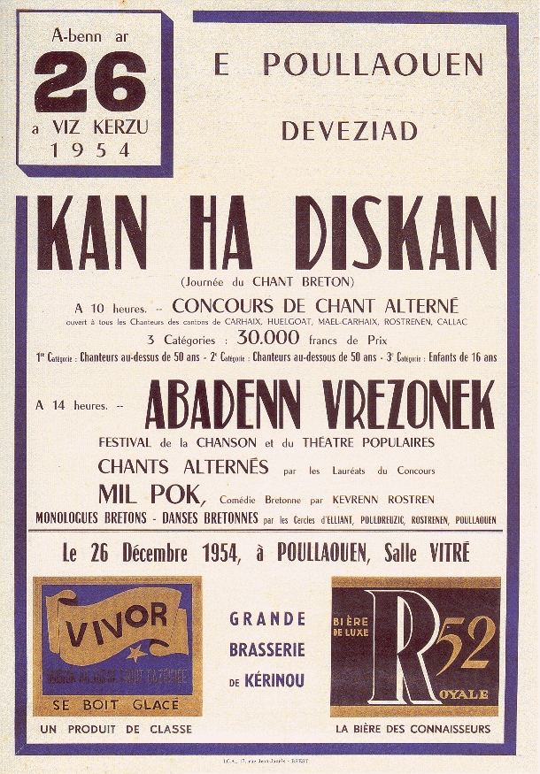 Poullaouen 1954. Loeiz Ropars organised the first kan ha diskan competition in order to form singer couples who could lead the dances during the fest-noz events he aimed to revive.