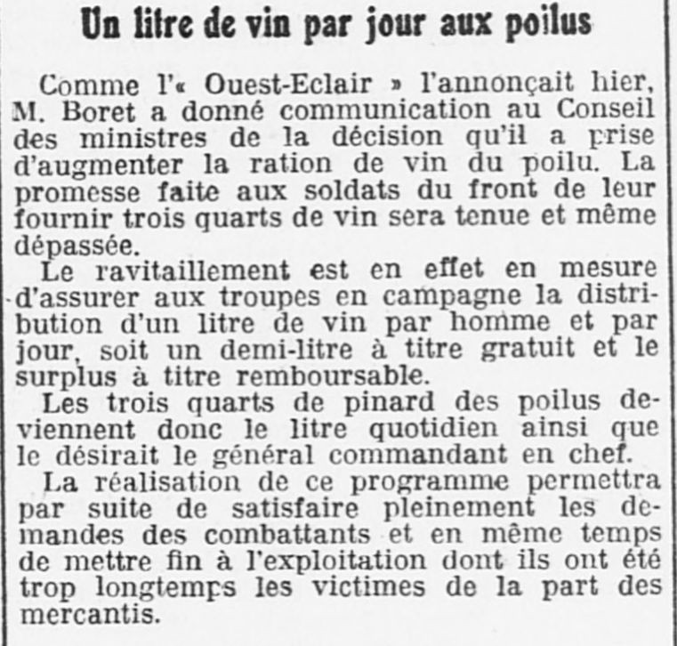 « Un litre de vin par jour aux poilus », L’Ouest Éclair, 16 janvier 1918