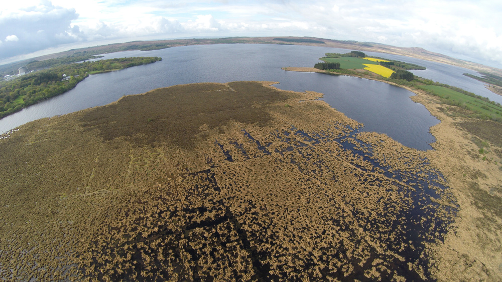  Vue aérienne de la tourbière du Venec, partiellement recouverte (1/3) par les eaux du réservoir st Michel (Brennilis – 29). La zone sombre au début du printemps correspond au haut marais ombrotrophe - Photo Philippe Briffaud