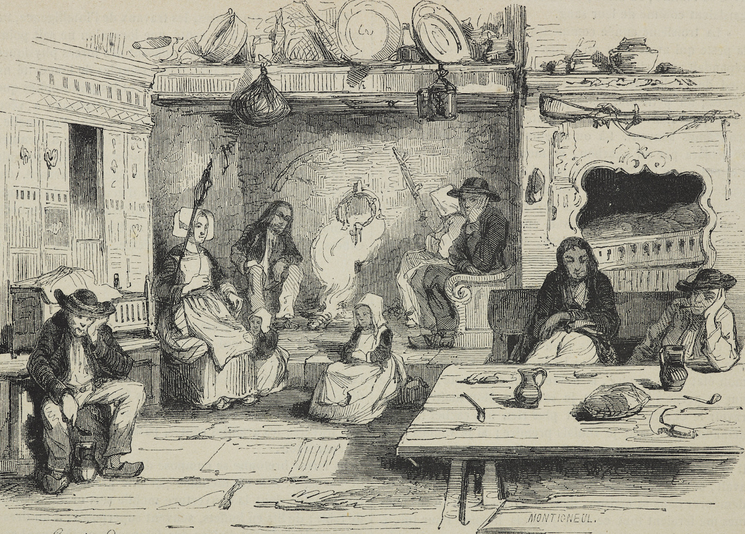 Intérieur d'une ferme en 1843, dessin d'après Emile Montigneul. Musée de Bretagne: 2017.0000.4983.