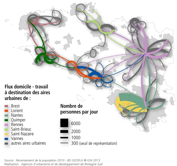 Bretagne : flux domicile-travail. Crédit : Agence d’Urbanisme, de Développement Économique et Technopole du Pays de Lorient. Source : audelor.com.