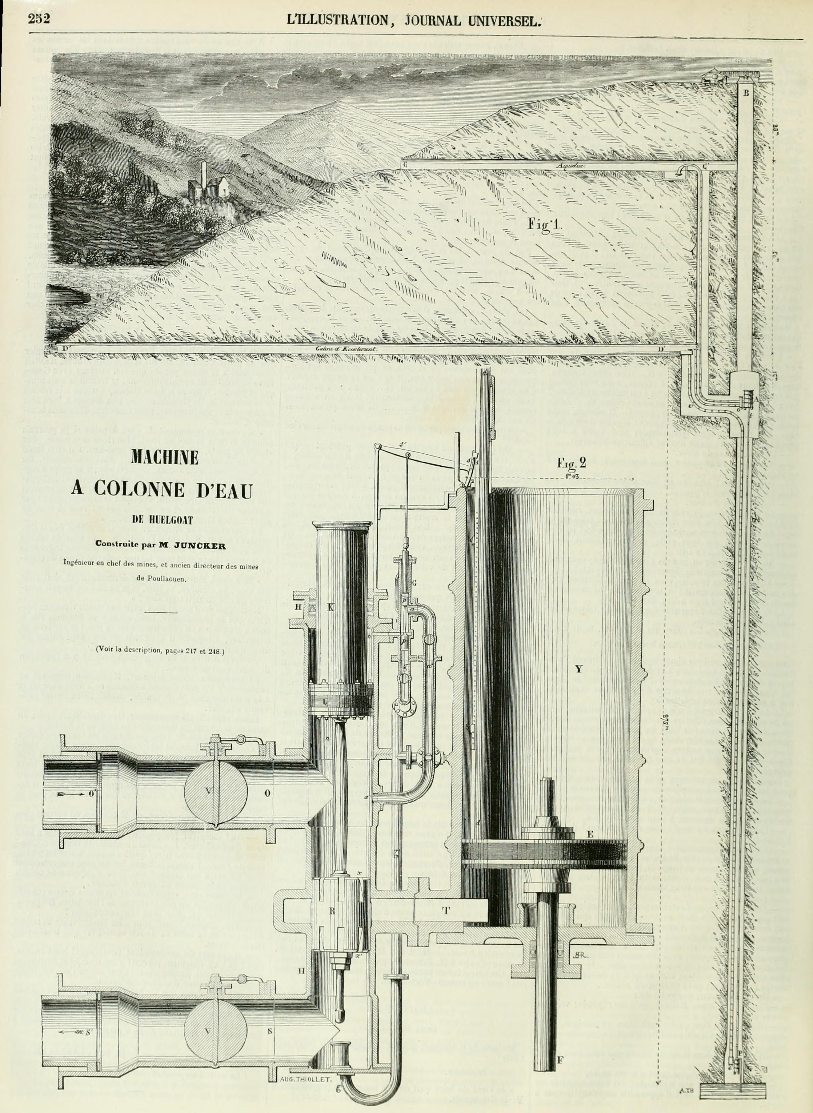 Machine à colonnes d’eau à Huelgoat en 1845. L’Illustration, 1er mars 1845, p. 248 et suiv., Source : Gallica. Bibliothèque nationale de France, département Philosophie, histoire, sciences de l'homme, FOL-LC2-1549