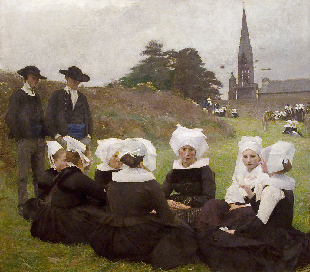 Les Bretonnes au pardon, Pascal Dagnan-Bouveret,1887. Ce tableau est conservé au musée Calouste-Gulbenkian à Lisbonne. Il représente une scène de pardon de Rumengol (29). Les Bretonnes au pardon, Pascal Dagnan-Bouveret,1887. Ce tableau est conservé au musée Calouste-Gulbenkian à Lisbonne. Il représente une scène de pardon de Rumengol (29).