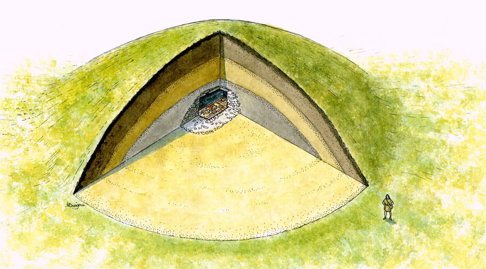 Evocation du tumulus monumental de Kernonen en Plouvorn (Finistère ; dessin L. Duigou)