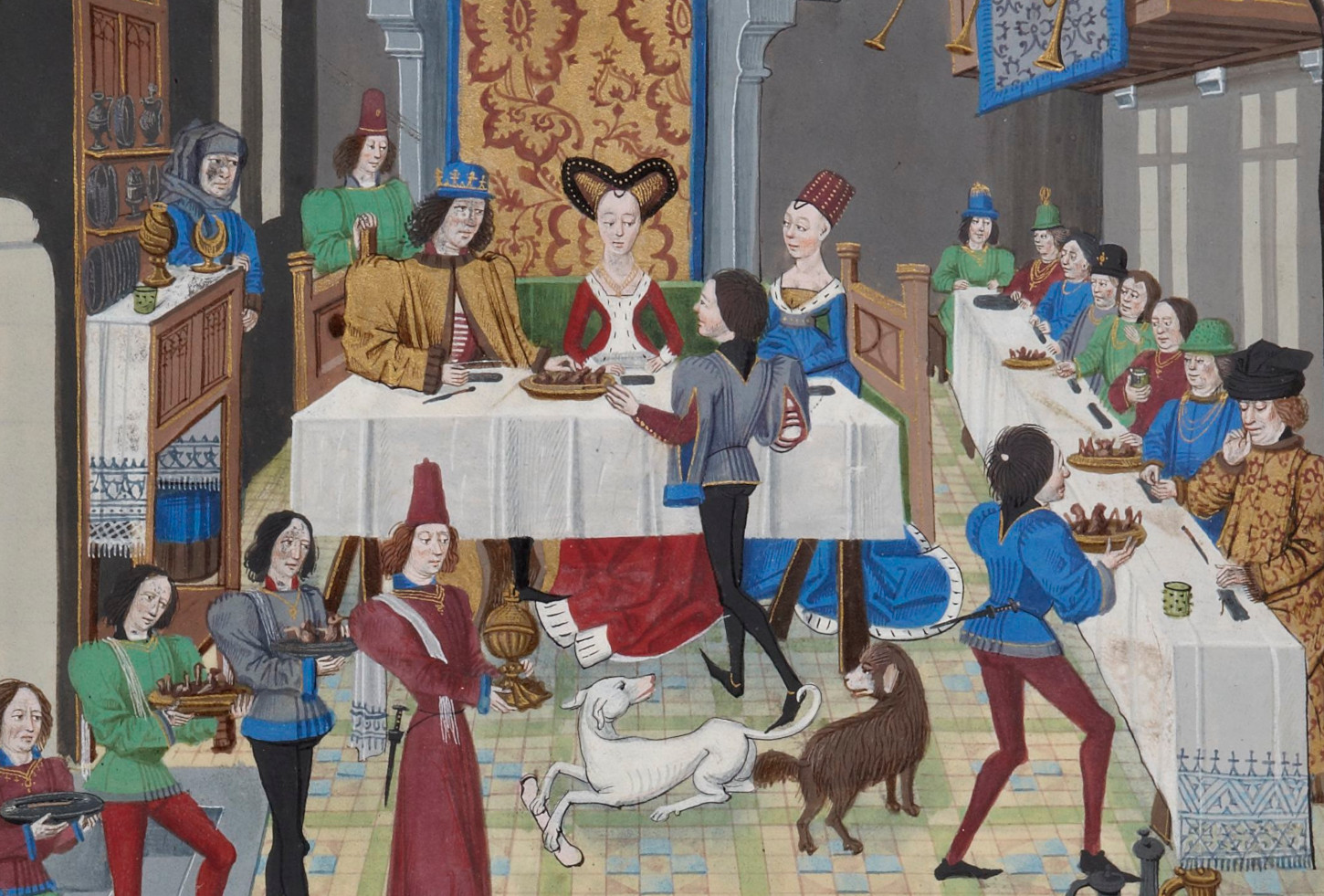 Scène de banquet (détail). Enluminure extraite de Philippe Camus, Histoire d'Olivier de Castille et d'Artus d'Algarbe, dans la version remaniée par David Aubert. Gallica / Bibliothèque nationale de France: Département des Manuscrits. Français 12574, folio 181v.