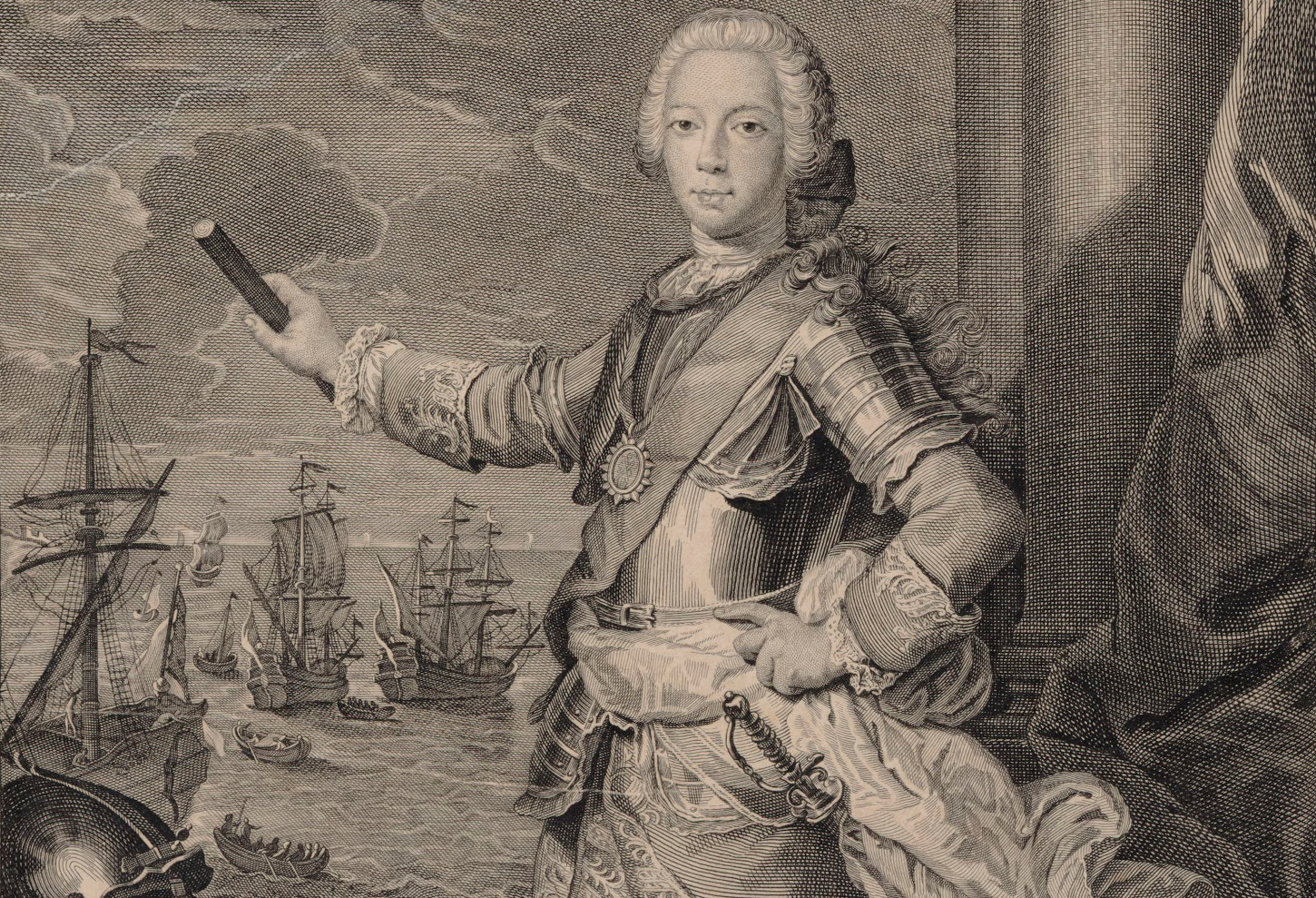 Charles Edouard Stuart, en pied, tenant son bâton de commandement. En arrière-plan, sa flotte. Estampe de Nicolas-Jean-Baptiste de Poilly, 1746. Gallica / Bibliothèque nationale de France : département Estampes et photographie, RESERVE QB-201 (116)-FOL.