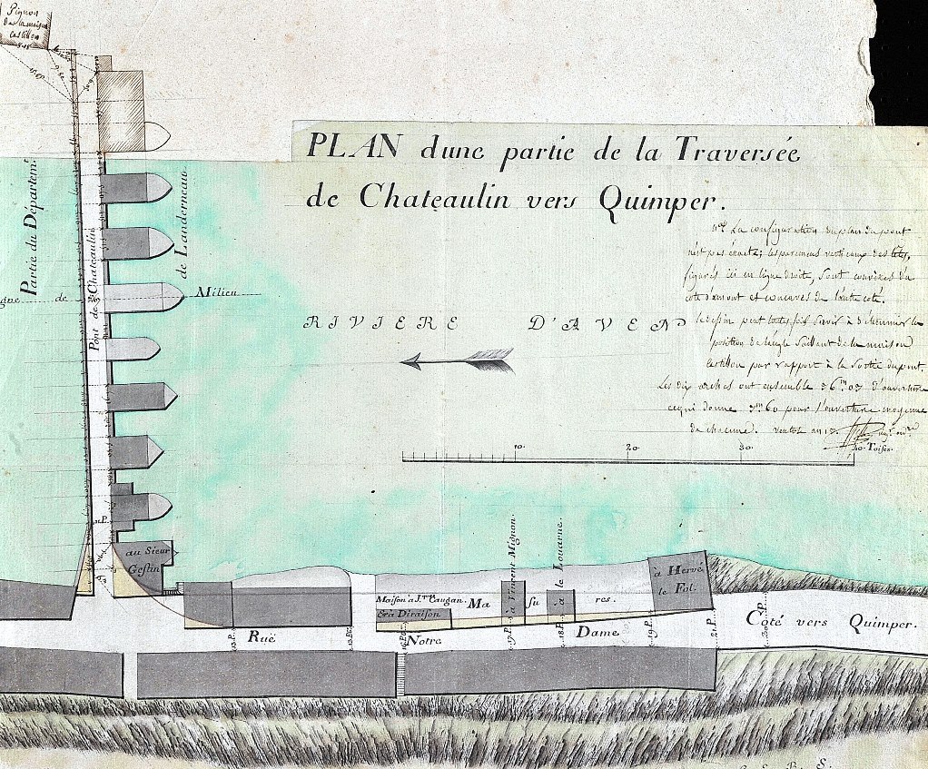 Plan d'une partie de la traversée de Châteaulin vers Quimper. an II 49 J 1020-3. Archives départementales du Finistère