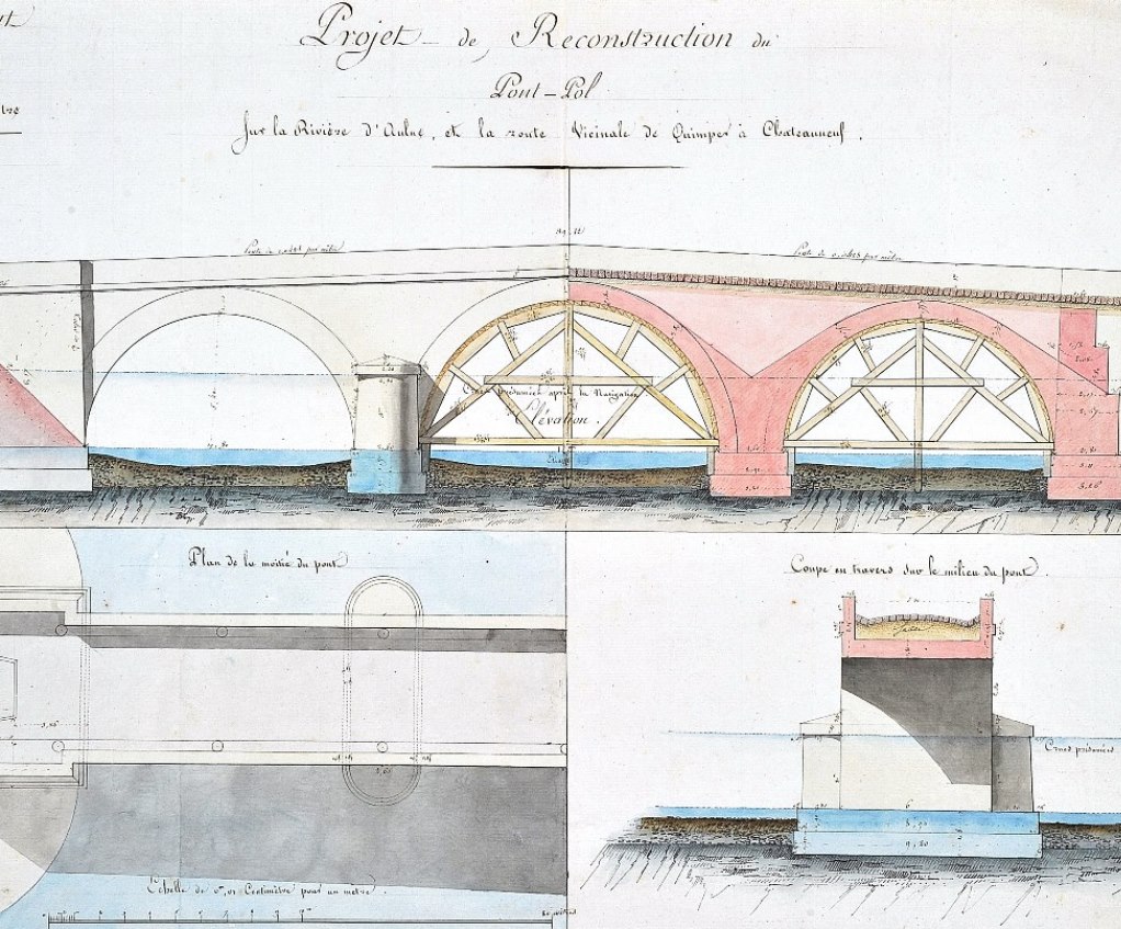Projet de reconstruction du Pont-Pol sur la rivière d'Aulne et la route vicinale de Quimper à Châteauneuf (n°3). 1820 49 J 1021-5. Archives départementales du Finistère