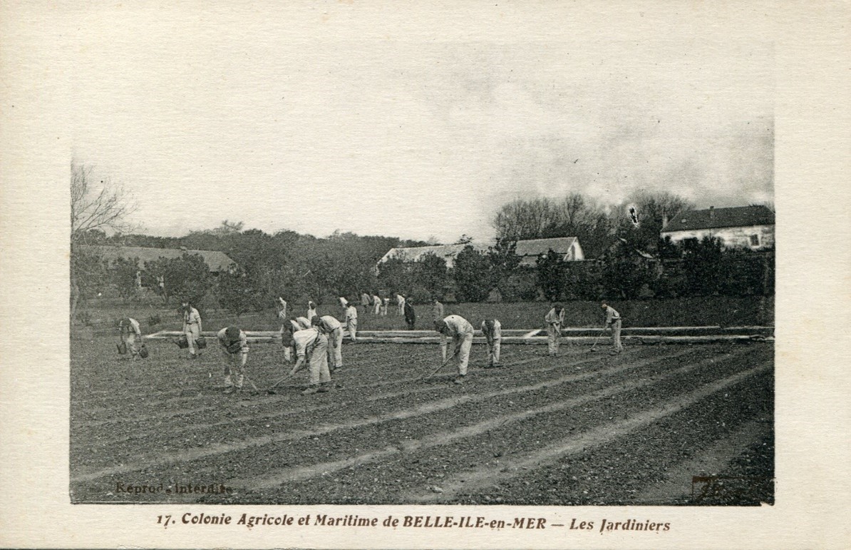 « Pupilles jardiniers à la ferme de Bruté », début du XXe siècle. Carte postale des éditions ‘’J. Combier’’. Source : Archives départementales du Morbihan. Ref : 9FI 152/273