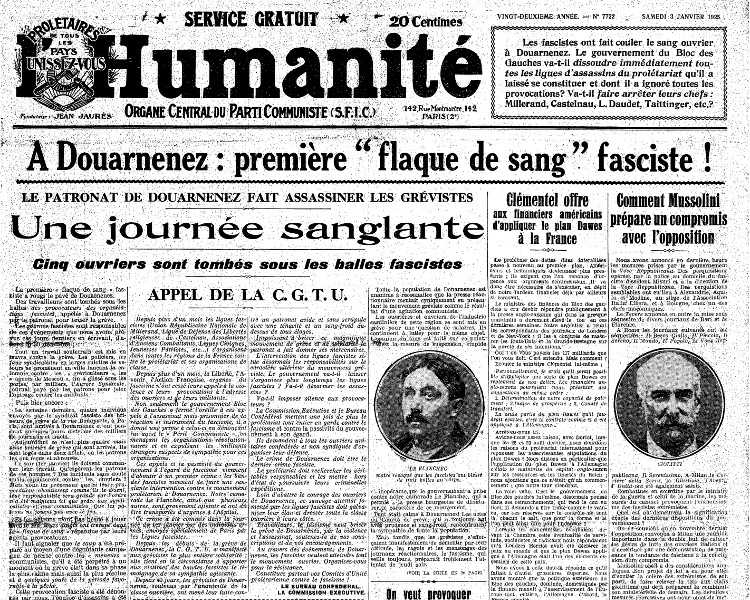 N° du 3 janvier 1925 de l’Humanité. L’attentat dont est victime Daniel Le Flanchec reçoit un écho national. Pour la presse communiste, en tuant le maire de Douarnenez, les commanditaires voulaient « tuer la grève ». L’émotion est forte : les grévistes obtiennent alors le soutien des socialistes et des démocrates populaires. Cette tentative d’assassinat accélère la sortie du conflit.