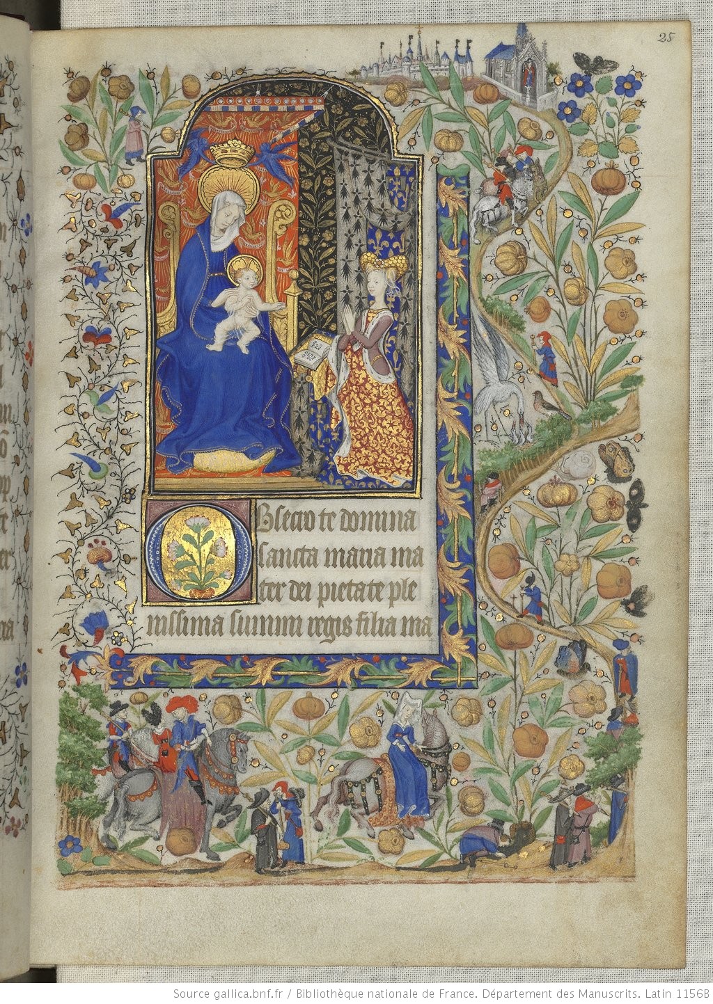 Livre d'heures de Marguerite d'Orléans. En bas, à droite de l'image : des pèlerins se rendent à Saint-Jacques-de-Compostelle; Source :  Bibliothèque nationale de France. Département des Manuscrits. Latin 1156B