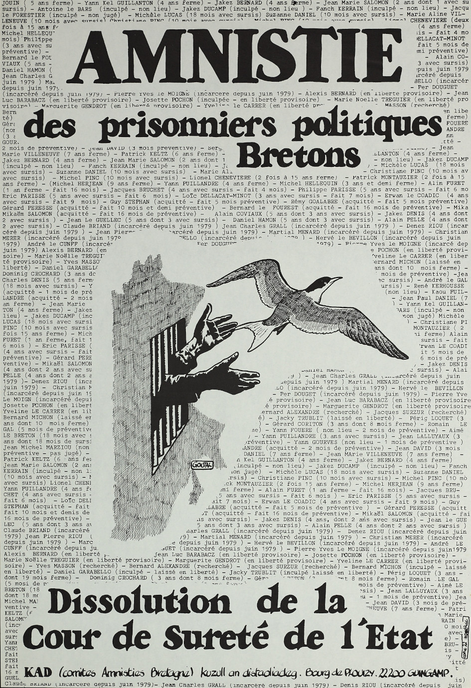 Diskounadur prizonidi politikel Breizh, skritell gant Alain Goutal (1980). Dastumadennoù Mirdi Breizh, Roazhon : 2002.0015.59, CC-BY-SA.