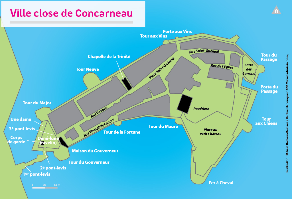 Plan de Concarneau réalisé à partir des références du service Communication de la Ville de Concarneau, Manuelle Aquilina, Mémoires de la Société Historique et Archéologique de Bretagne (MSHAB) tome LXXXV, 2007, p45.