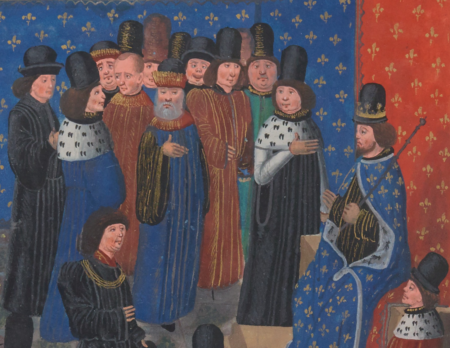 Philippe VI de Valois et Jean de Montfort. Gallica / Bibliothèque nationale de France: Enluminure des Chroniques d'Angleterre (détail), 76, f° 45 v°.