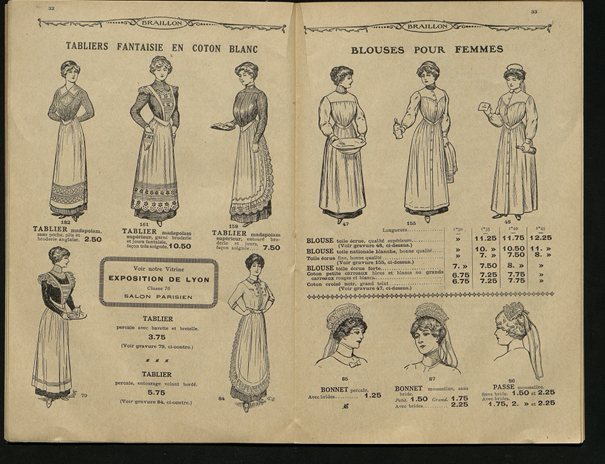 Extrait du catalogue « vêtements de travail » de la marque Braillon, Aux Halles Centrales, Paris. Avril 1914. Source : Bibliothèque Forney Paris. Numéro d'inventaire : CC MODT 6 Plano pages 32-33.