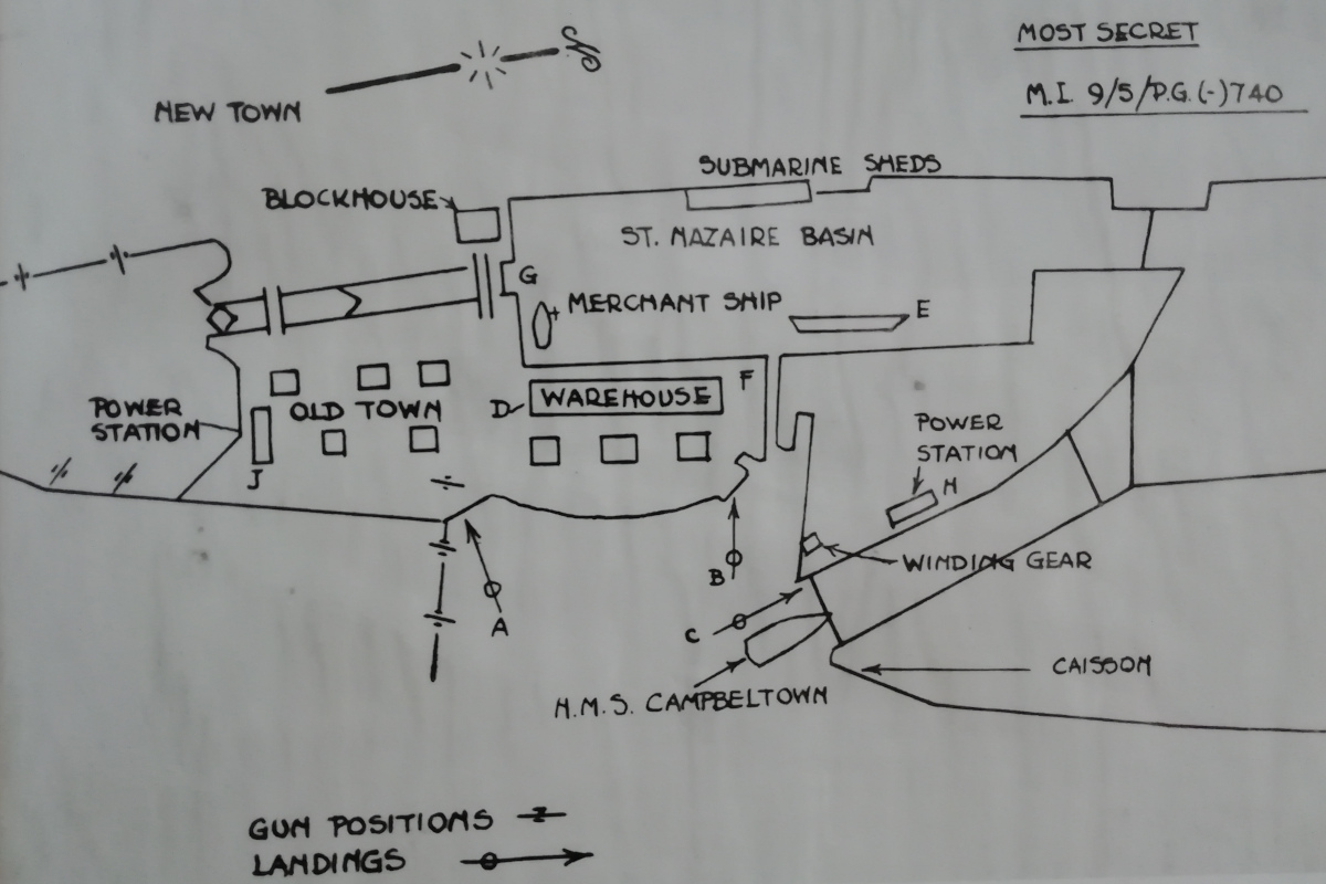 Croquis réalisé par les services britanniques classés «Most Secret» où on découvre dessiné le Campbeltown enfonçant la porte d’entrée de la forme Joubert. The National Archives.