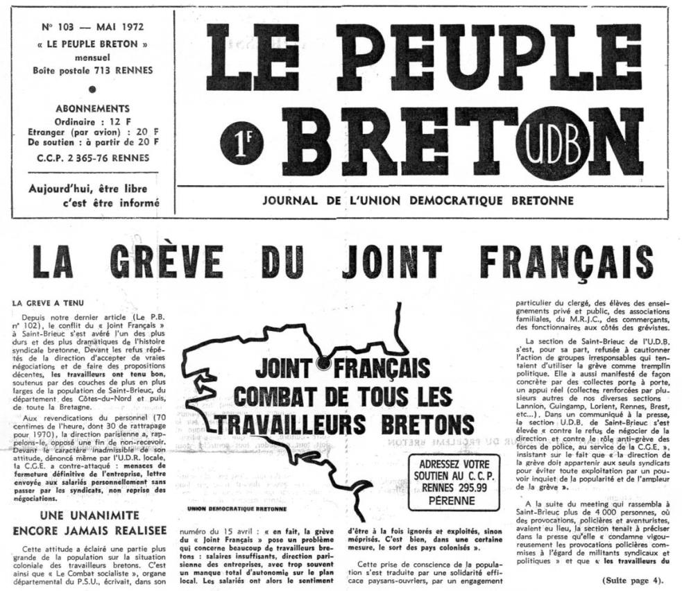 Le peuple breton, maez de mai 1972 103 (orinë de la permiere paije) – KDSK – (Tiqéz su l'imaije pour lére la gazette en PDF)
