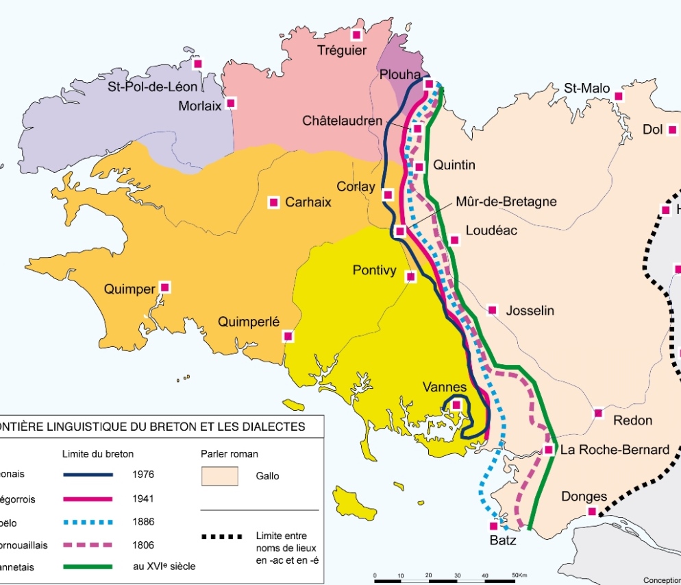 La Frontière linguistique du breton et les dialectes.  Carte de synthèse, extraite de l'Atlas d'histoire de Bretagne (Éd. Skol Vreizh)