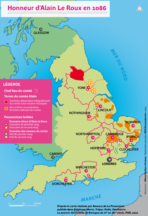 The Honour of Richmond at the end of the 14th century. It consisted of a compact territory in the North and of multiple domains in the East of England. 