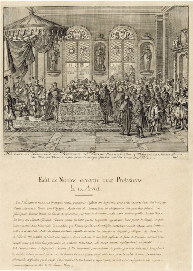 Edit Naoned roet d’ar Brotestanted d’an 30 a viz Ebrel 1598. Sinadur an diell e kastell duged Breizh. Jan Luyken, Proclamation de l'édit de Nantes, Département des estampes et de la photographie de la BnF, QB-1 (1598)-FOL 