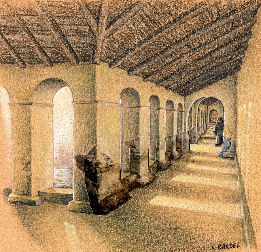 Restitution de la galerie orientale carolingienne à partir d'un cliché (vue du sud) (dessin V. Bardel)