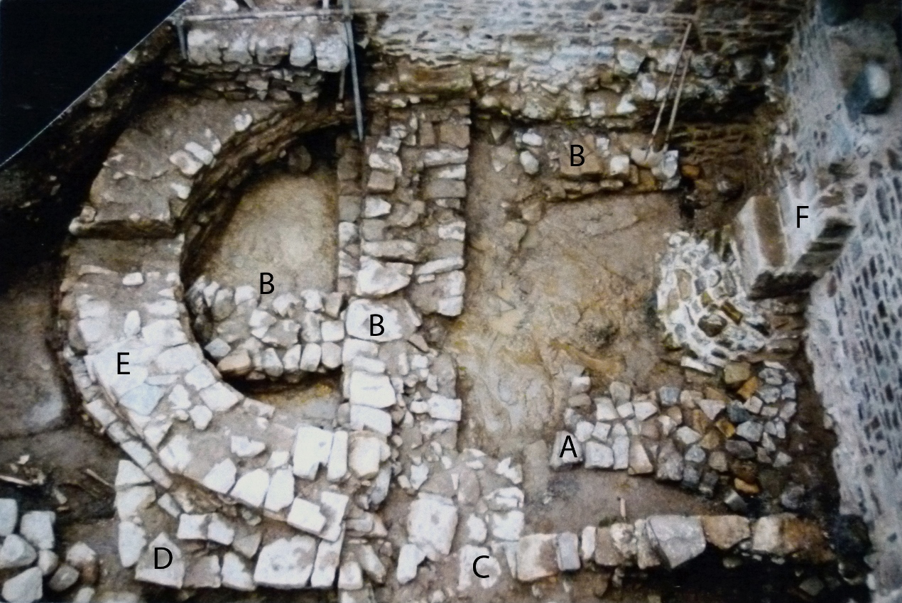 Les oratoires superposés (sur l'emplacement exact de l'oratoire primitif)<br>A- v. 500 ; B - v. 660-700 ; C - v. 850 ; D - v. 950 ; E - v. 1025 ; F - v. 1150 