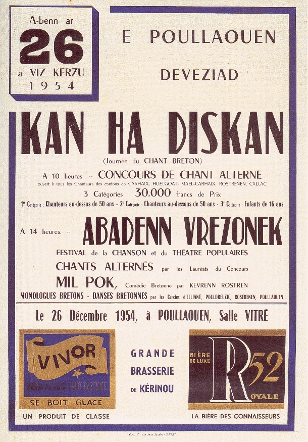 E 1954 e Poullaouen e voe aozet ar c’hentañ « konkour kan ha diskan » gant Loeiz Ropars evit lakaat daou-ha-daou kanerien e-tailh da gas an dañs war gan, da geñver ar festoù-noz e oa e soñj adlañsañ.