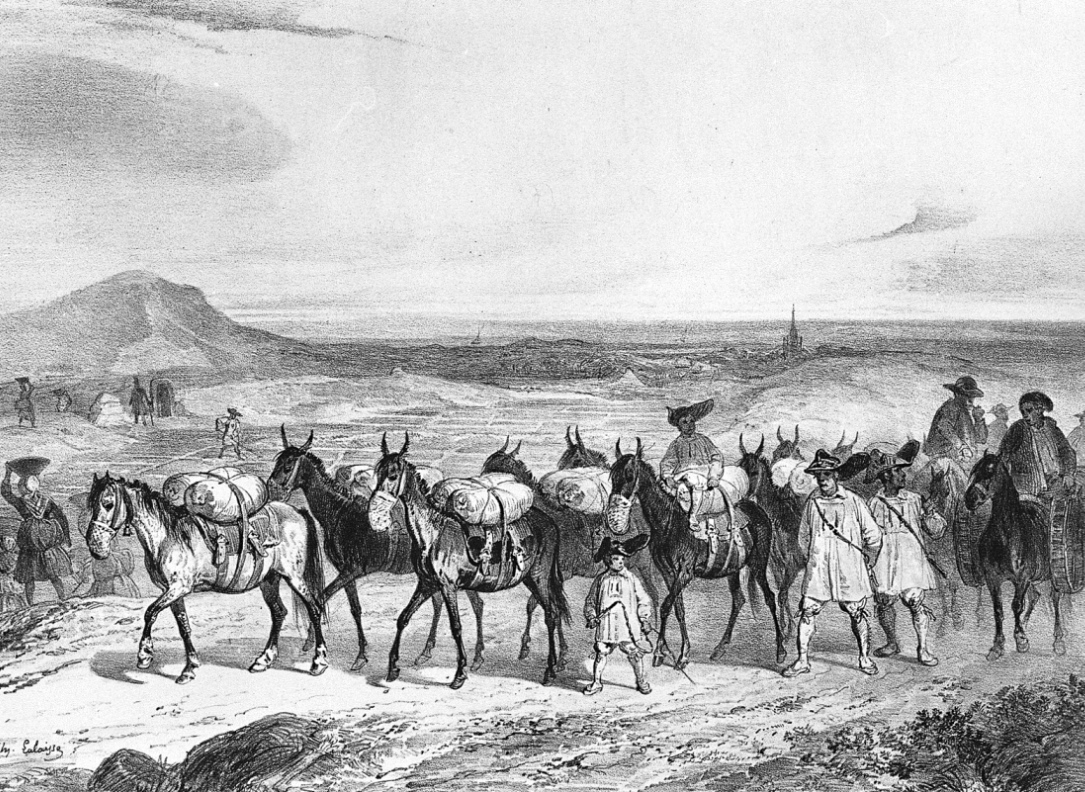 Caravanes de muletiers guérandais et de Montoirins, marchands de mottes de tourbe de Brière, vers 1850, lithographie de François-H. Lalaisse Crédit - Coll. Musée des marais salants, n° inventaire 97.78.43