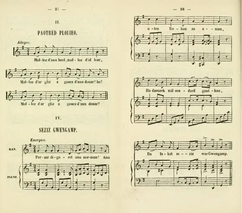 Kevreollenn ar ganaouenn « Seziz Gwengamp », pajennoù 536 ha 537 er Barzaz Breiz, pevare embannadur e div levrenn, 1846, kevreollennoù gant Théodore Hersart Kervaker (1815-1895). Eil levrenn. Wikisource.